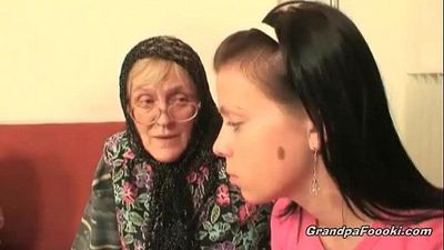 Hot babe helps granny to sucks a cock - 8 min